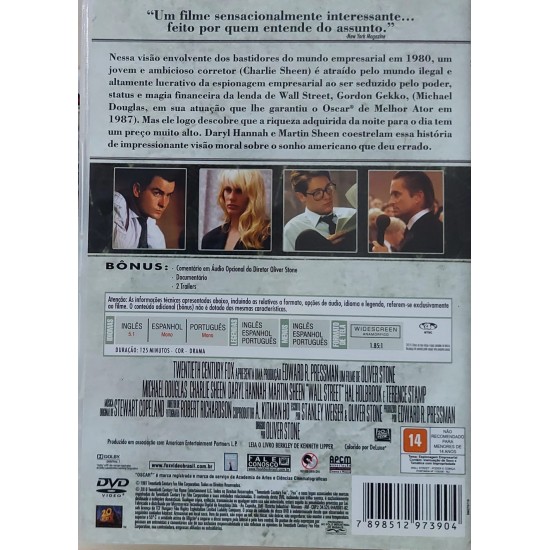 Dvd Wall Street, Poder e Cobiça, Michael Douglas, Charlie Sheen, Daryl Hannah